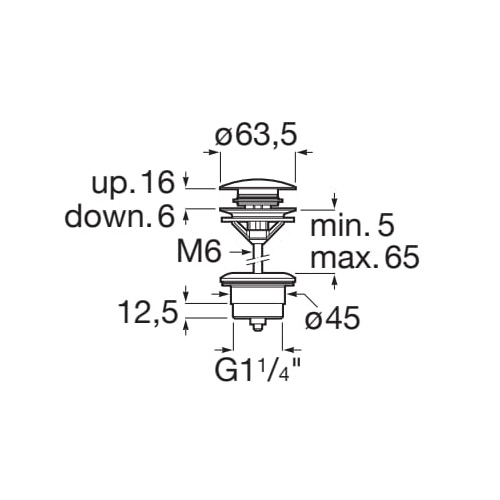 Medida ROCA Válvula de desagüe universal Click-clack Ø65 mm A505401000 A5054015RG