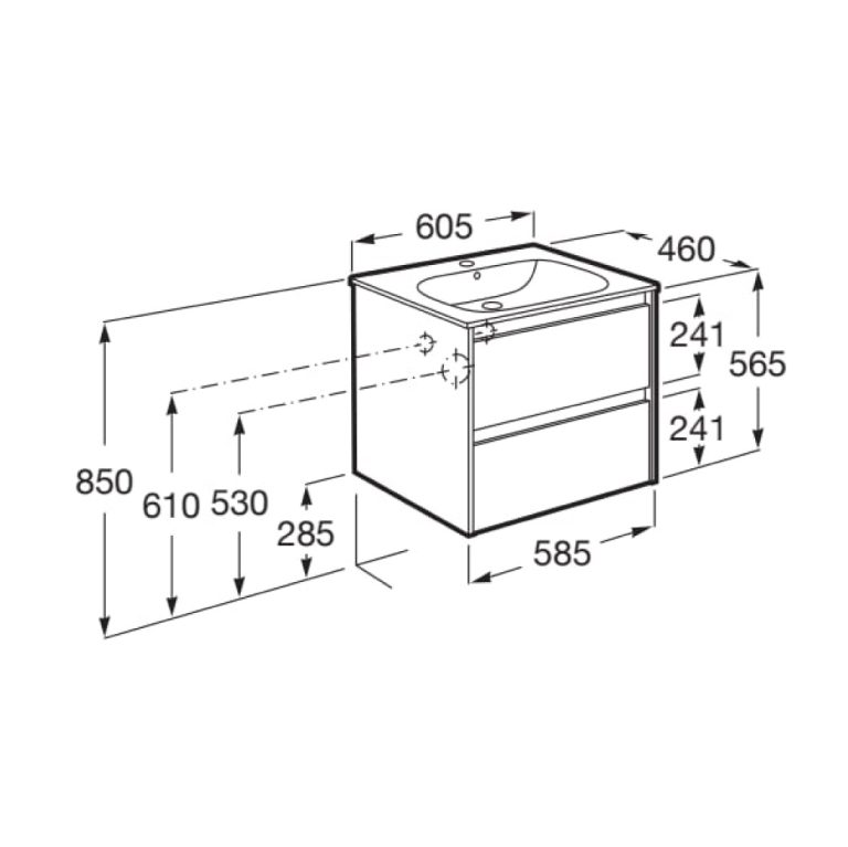 Medida ROCA Mueble base de dos cajones y lavabo Tenet A851775806 Nogal