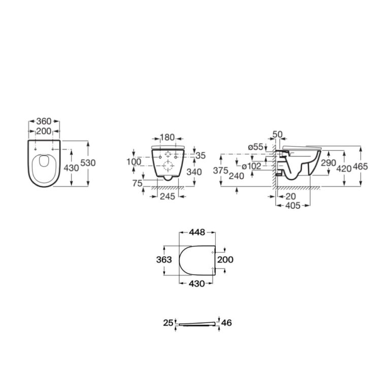 Medida ROCA Inodoro suspendido Ona Rimless® A346687000 con tapa caída libre (A801E10001)