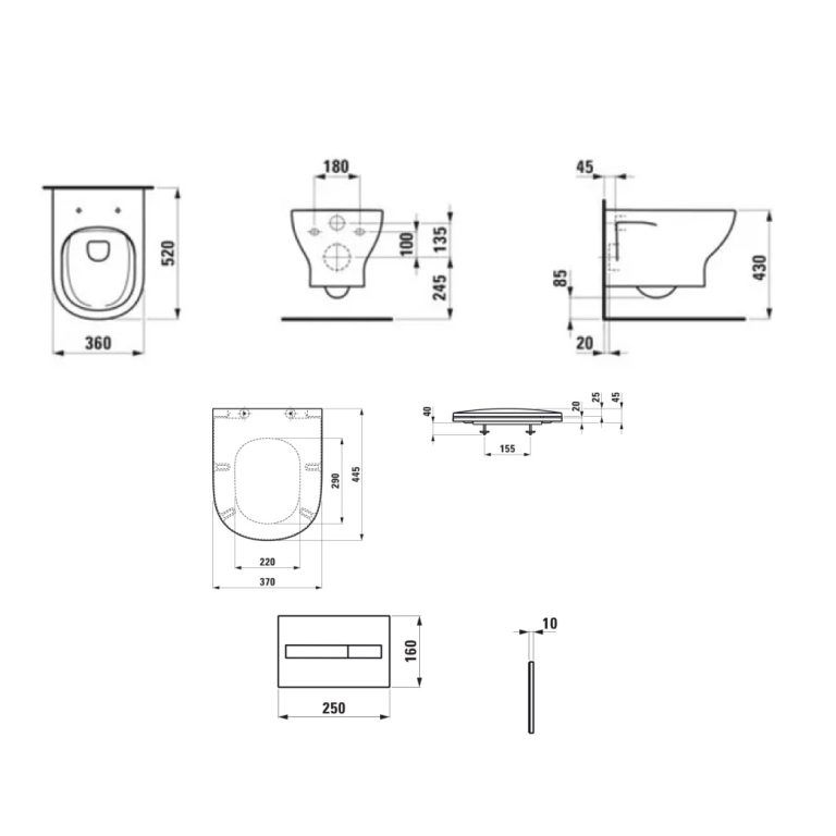 Medida LAUFEN Inodoro suspendido LUA Advanced, tapa y pulsador AW1