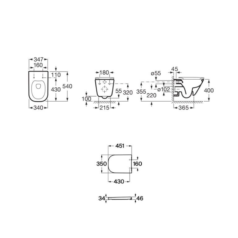 Medida ROCA Inodoro suspendido The Gap Square Rimless® A34647L000 A80147000B